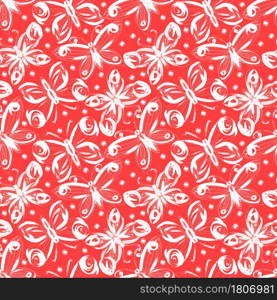 For textile, wallpaper, wrapping, web backgrounds and other pattern fills. Seamless pattern with fluttering white butterflies on a red background