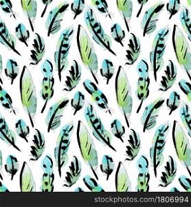 For textile, wallpaper, wrapping, web backgrounds and other pattern fills. Seamless pattern with bright bird feathers on a white background