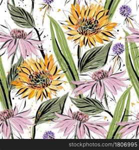 For textile, wallpaper, wrapping, web backgrounds and other pattern fills. Seamless pattern with a bouquet of wildflowers echinacea, clover and sunflower