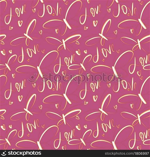 For textile, wallpaper, wrapping, web backgrounds and other pattern fills. Seamless pattern with fluttering white butterflies on a pink background