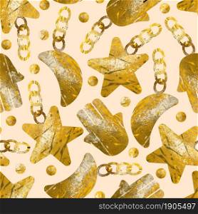 For textile, wallpaper, wrapping, web backgrounds and other pattern fills. Seamless pattern with gold jewelry mascots on a chain