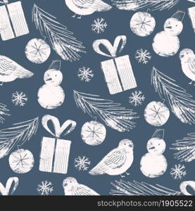 For textile, wallpaper, wrapping, web backgrounds and other pattern fills. Seamless pattern with Christmas symbols snowman, fir tree branch with ball, gift box