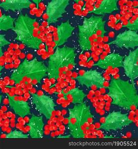 For textile, wallpaper, wrapping, web backgrounds and other pattern fills. Seamless pattern with Holly plant Christmas design