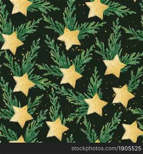 For textile, wallpaper, wrapping, web backgrounds and other pattern fills. Christmas pattern with gingerbread cookies on fir branches