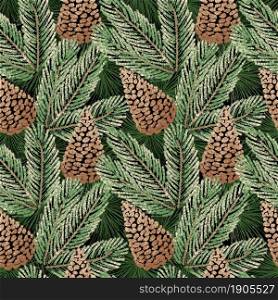 For textile, wallpaper, wrapping, web backgrounds and other pattern fills. Seamless pattern with fir branches and cones on them Christmas tree