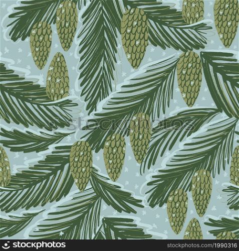 For textile, wallpaper, wrapping, web backgrounds and other pattern fills. Seamless pattern with snow-covered fir branches with cones Winter in the forest