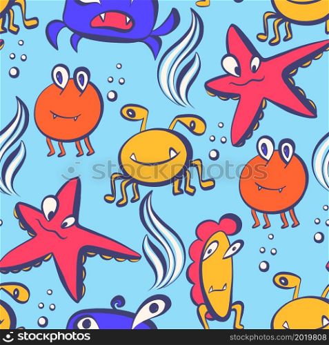 For textile, wallpaper, wrapping, web backgrounds and other pattern fills. Seamless pattern with funny monsters living in the sea