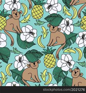 For textile, wallpaper, wrapping, web backgrounds and other pattern fills. Vector seamless pattern with funny tropical monkeys in the jungle among exotic flowers and birds