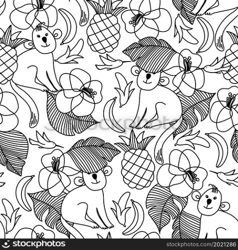 For textile, wallpaper, wrapping, web backgrounds and other pattern fills. Vector seamless pattern with funny tropical monkeys in the jungle among exotic flowers and birds Black and white design for coloring