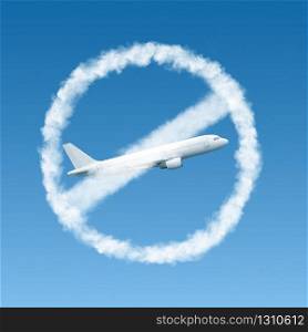 Forbbiden sign from clouds with crossed out white plane on the background of blue sky. Restriction of flights. Coronavirus, Covid 19 pandemic, Global calamity. Quarantine concept.. Warning sign from clouds with crossed out plane.