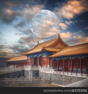 Forbidden City is the largest palace complex in the world. Located in the heart of Beijing. A huge moon in the sky. Forbidden City. A huge moon in the sky