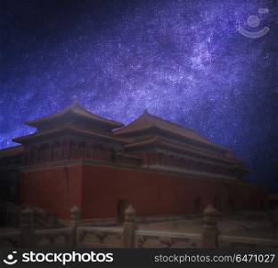Forbidden City is the largest palace complex in the world. Located in the heart of Beijing . Astrophotography. Night starry sky.. Forbidden City. Astrophotography. Night starry sky.