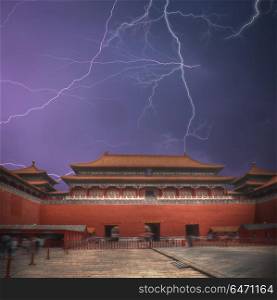 Forbidden City is the largest palace complex in the world. Located in the heart of Beijing. A strong thunderstorm and a lot of lightning.. Forbidden City. A strong thunderstorm and a lot of lightning.