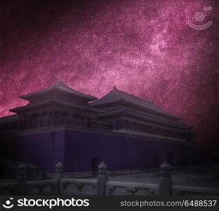 Forbidden City is the largest palace complex in the world. Located in the heart of Beijing . Astrophotography. Night starry sky.. Forbidden City. Astrophotography. Night starry sky.