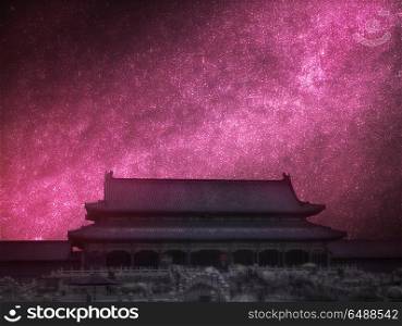 Forbidden City is the largest palace complex in the world. Located in the heart of Beijing. Astrophotography, night starry sky. Astrophotography, night starry sky