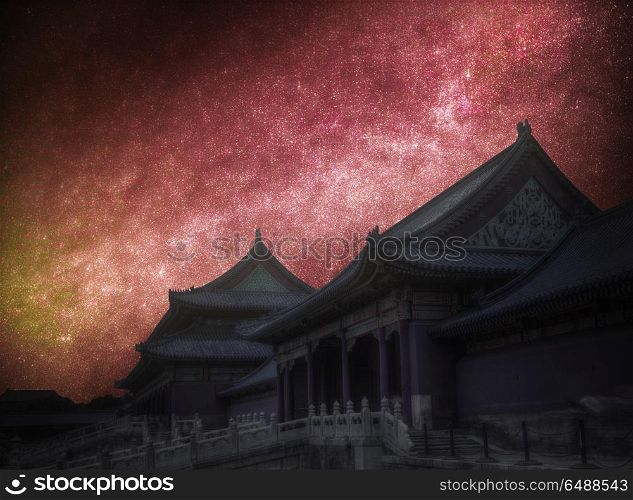 Forbidden City is the largest palace complex in the world. Located in the heart of Beijing. Astrophotography, night starry sky. Forbidden City. Astrophotography, night starry sky