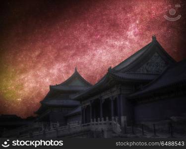 Forbidden City is the largest palace complex in the world. Located in the heart of Beijing. Astrophotography, night starry sky. Forbidden City. Astrophotography, night starry sky