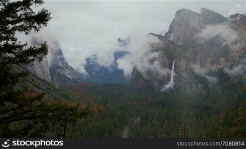 Forbidding time lapse view of stormy looking Yosemite Valley