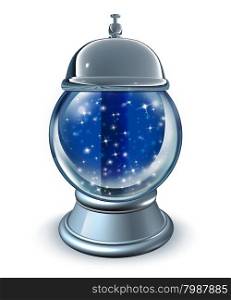 Forecasting service as a crystal ball with a servicing bell as a symbol for business consulttion and financial forecast advice or psychic cold readings of the future on a white bakground.