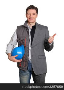 Foreman and executive standing on white background