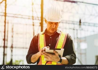 Foreman builder engineer worker using tablet computer to check building floor plan at construction site.