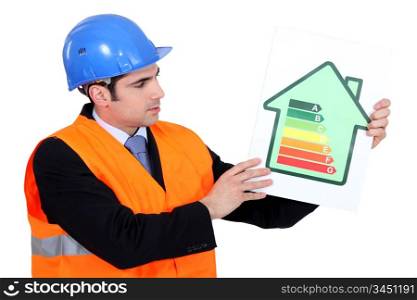 Foreman holding panel of energy consumption ranking