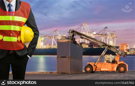 Foreman or working man control loading Containers box to Logistic cargo Import Export Background