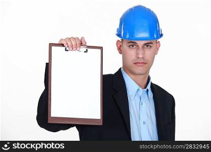 foreman showing clipboard isolated on white