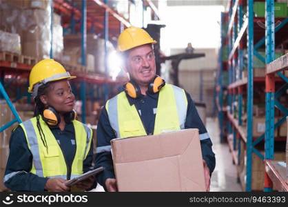 Foreman with employees in warehouse Help each other lift the product boxes to fill them all in the product shelf. After checking the product, it is missing.