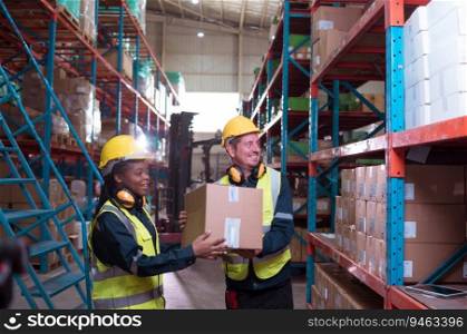 Foreman with employees in warehouse Help each other lift the product boxes to fill them all in the product shelf. After checking the product, it is missing.