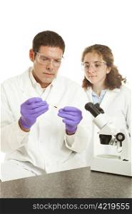 Forensic or medical scientists preparing to analyze a blood sample. White background.