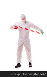 Forensic specialist in protective suit isolated on white