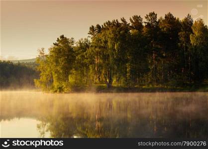 forest and mountains reflected in the lake. landscape.