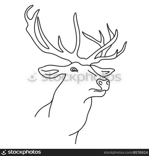 Forest deer vector illustration. Black outline line art silhouette stag on white background. Elegant horned buck. Forest deer vector illustration