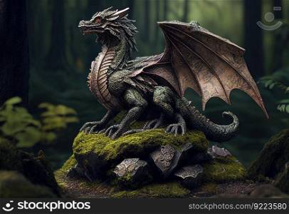 Forest dragon with wings sitting on stone in green illustration. AI generative.