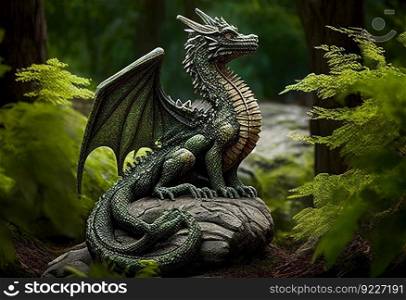 Forest dragon with wings sitting on stone in green illustration. AI generative.