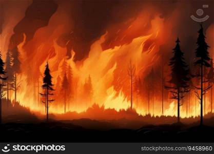 Forest fire. High flames in the forest, digital ai.. Forest fire. High flames in the forest
