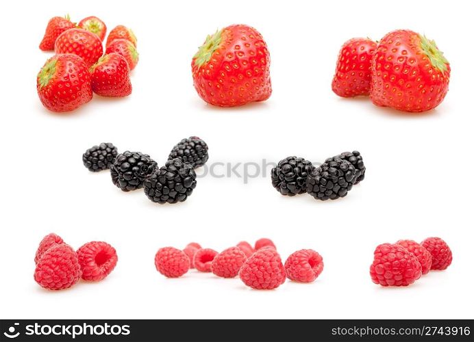 Forest Fruits - Strawberries, Raspberries and Blackberries on White Background - With Shadow
