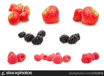 Forest Fruits - Strawberries, Raspberries and Blackberries on White Background - With Shadow