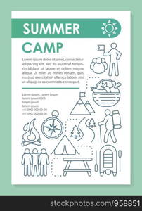 Forest hiking camp, vacation, holiday brochure template layout. Flyer, booklet, leaflet print design with linear illustrations. Vector page layouts for magazines, annual reports, advertising posters