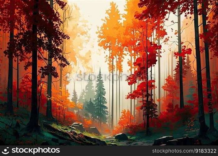 forest in autumn, with vibrant foliage and changing weather, created with generative ai. forest in autumn, with vibrant foliage and changing weather