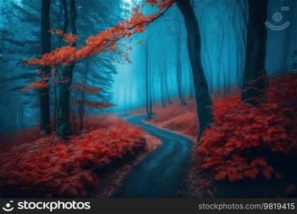 Forest in blue fog in autumn. Illustration Generative AI