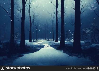 Forest in snow at night 3d illustrated
