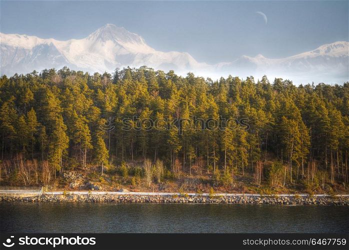 forest in the light of the setting sun in the background of mountains and rivers