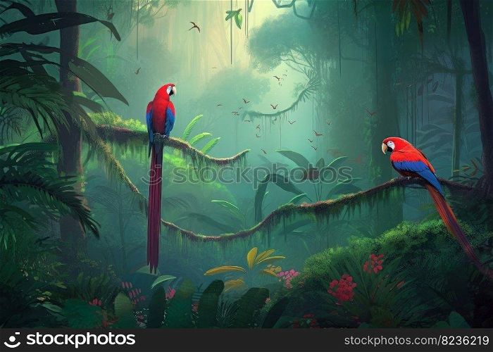 Forest jungle parrots. Red blue birds. Generate Ai. Forest jungle parrots. Generate Ai