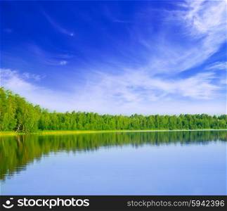 Forest lake under blue cloudy sky