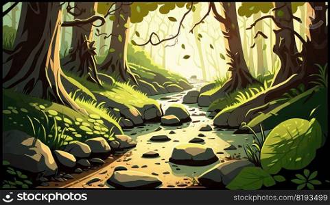 forest landscape. tree nature, wood background, green environment, park travel, scenery light forest landscape ai generated illustration. forest landscape ai generated