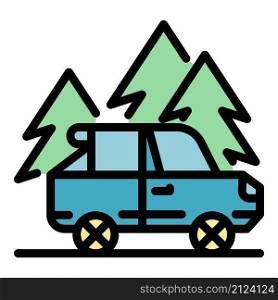 Forest mountain car trip icon. Outline forest mountain car trip vector icon color flat isolated. Forest mountain car trip icon color outline vector