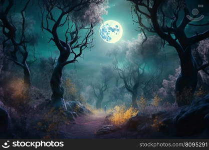 Forest night in magic moon. Natural dream. Generate Ai. Forest night in magic moon. Generate Ai