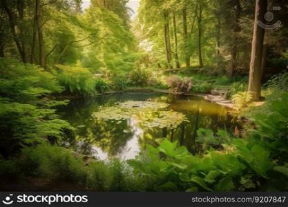 forest oasis with tranquil pond, surrounded by lush greenery, created with generative ai. forest oasis with tranquil pond, surrounded by lush greenery